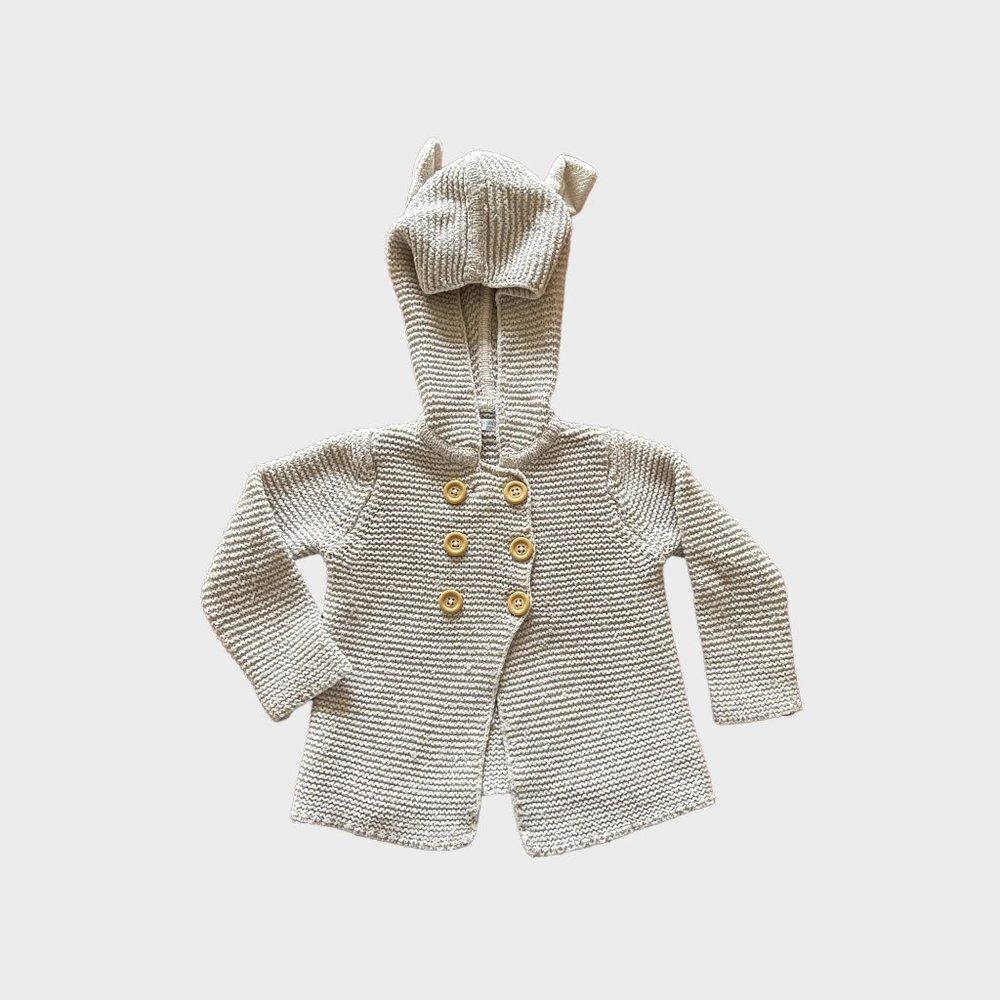 Boden Unisex Grey Knit Hooded Cardigan Sweater 12M Baby Toddler Buttoned Sleeve